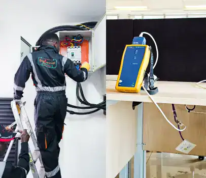 Innovative technology solutions examples. Photo on the left is electrical installation and on the right is ethernet testing with Fluke cable tester.