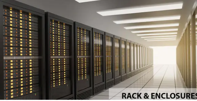 ICT infructure inside a data center showing servers installed in server racks arranged in rows