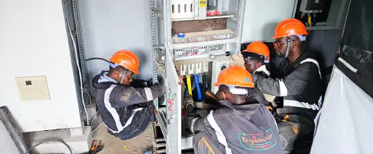 Enginnovat technicians installing a power system for performing bypass of AVR and power factor correction