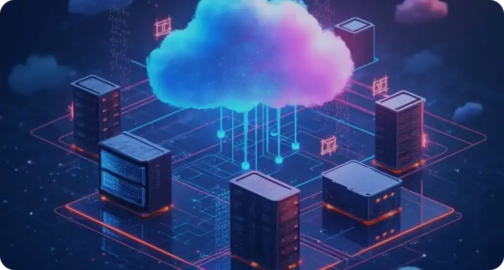 Hero image depicting integrated ICT and power solutions. It shows datacenter interconnected in cloud.