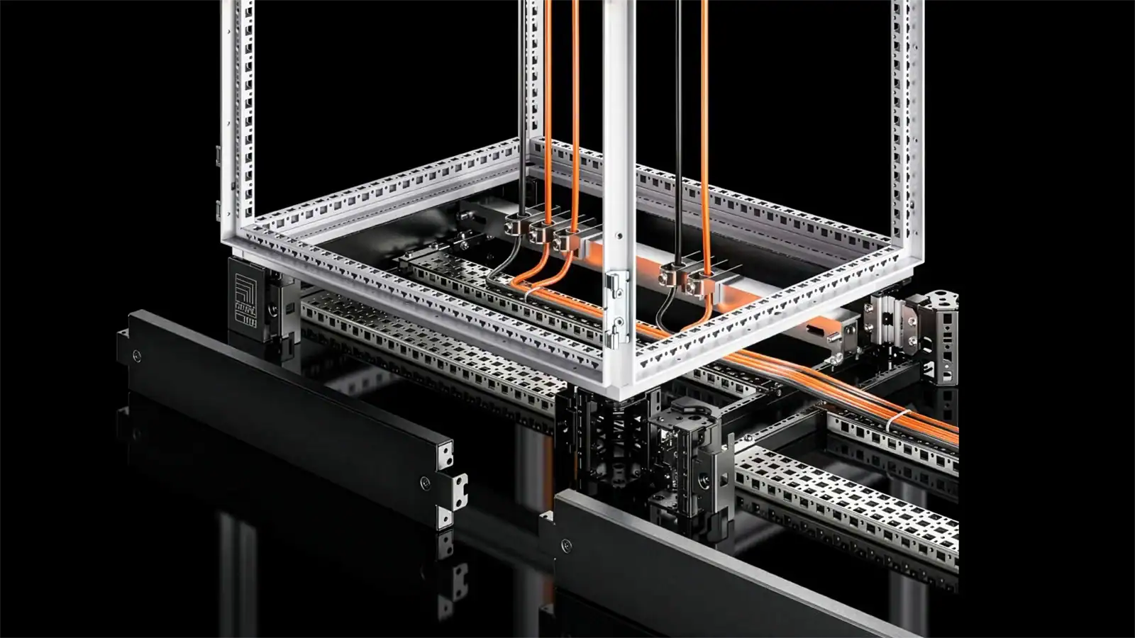 Structured cable management system in server rack with organized routing, cable trays and mounting framework.