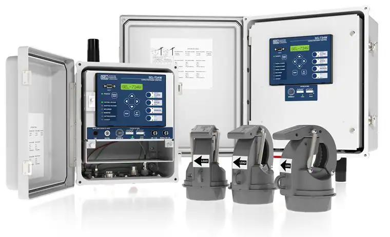 Capacitor bank control system with wireless current sensors used for power factor correction and distribution network control.