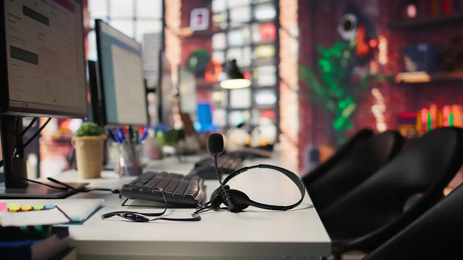 Contact center workstation with headset and multi-screen setup for customer call handling and communication management.