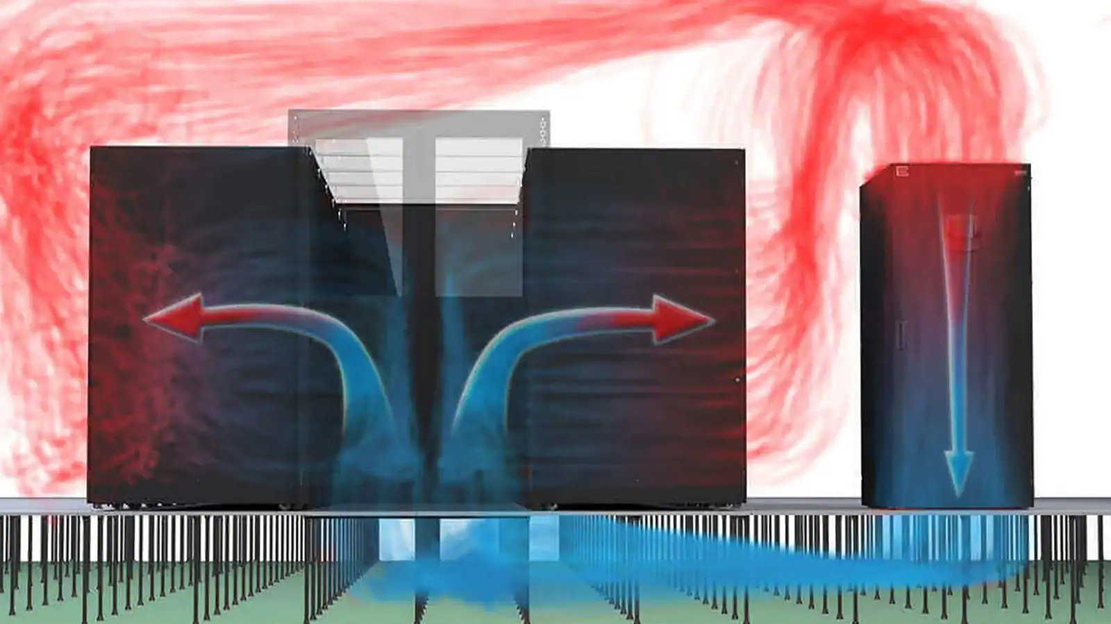 Data centre airflow management with hot aisle containment and controlled cooling airflow for efficient thermal performance.