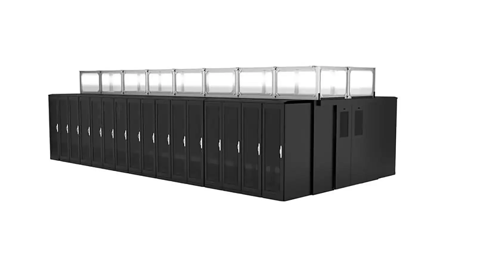 Data centre aisle containment system with enclosed server racks for controlled airflow and efficient cooling.