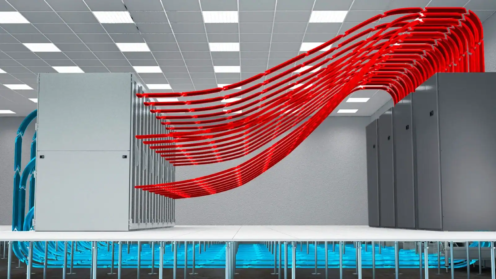 Data centre room cooling system with optimized airflow management for energy-efficient and precise thermal control.