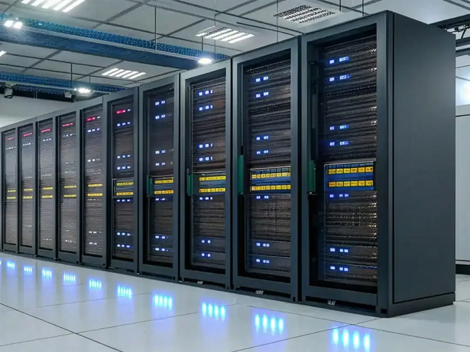 Modern data centre server racks with structured cabling and network equipment.