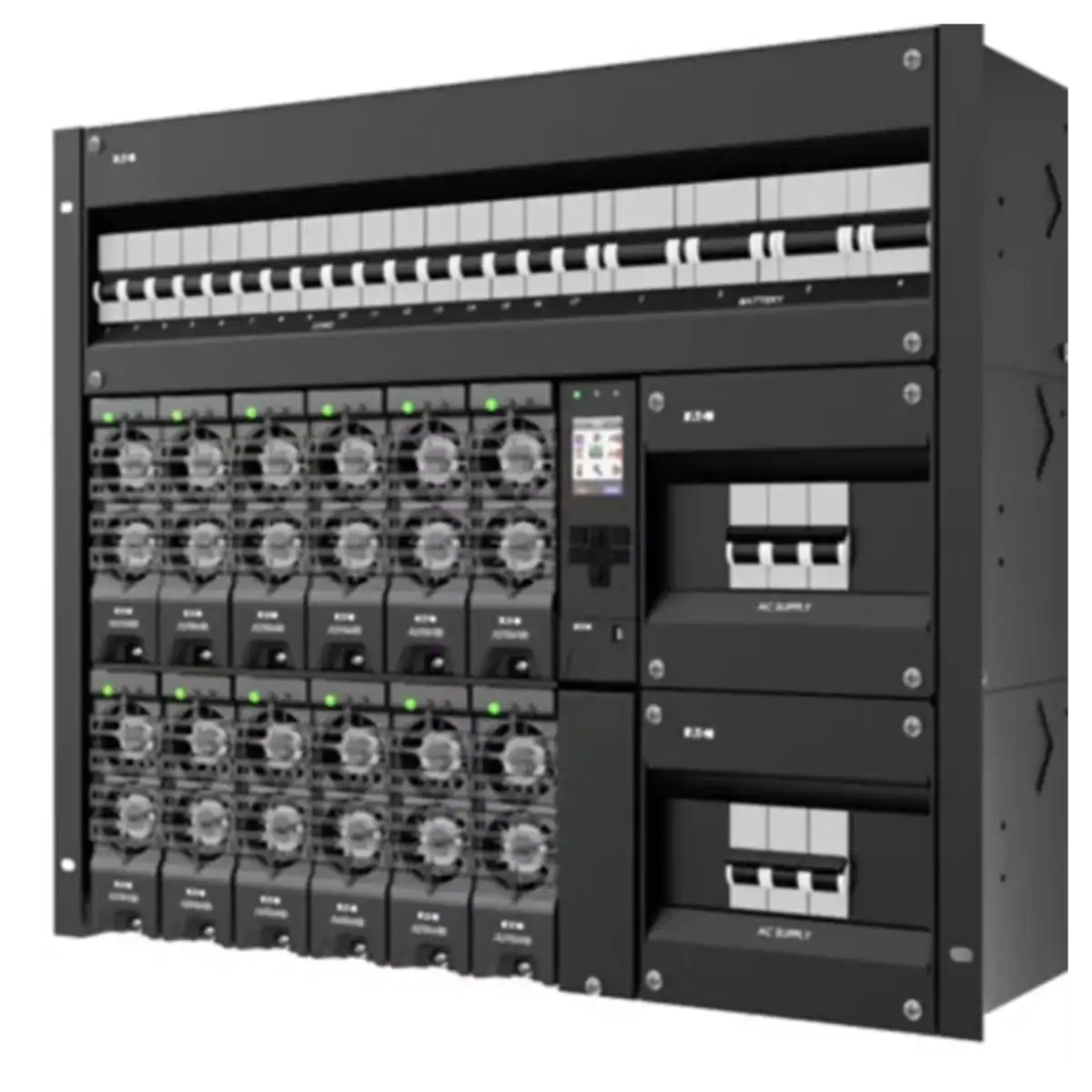 Telecom DC power system with rectifier modules and distribution panel installed in a rack.