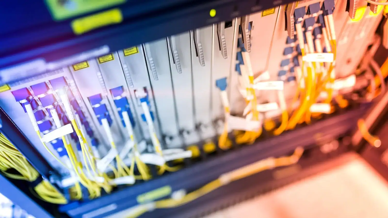 Fibre optic network backbone in data centre with high-speed connectivity and structured cabling.