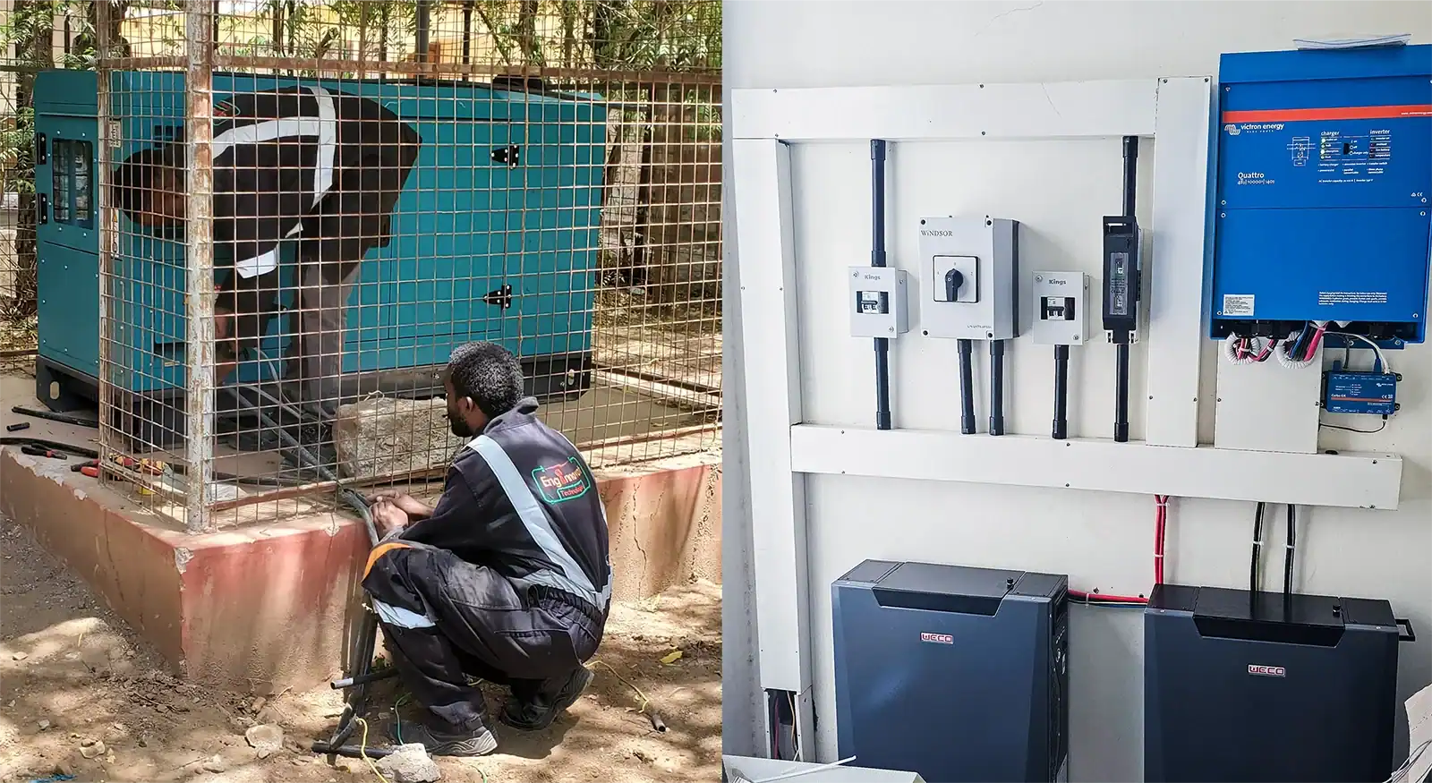 Technician integrating generator and UPS backup system with battery storage for reliable critical power supply.
