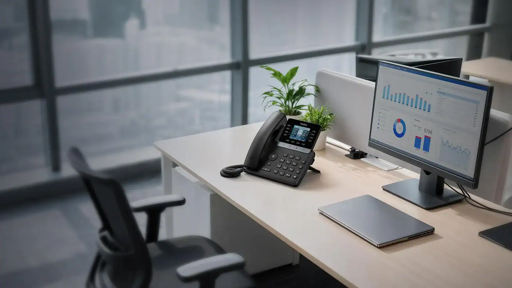IP desk phone and computer in office environment representing IP telephony and PBX communication systems.
