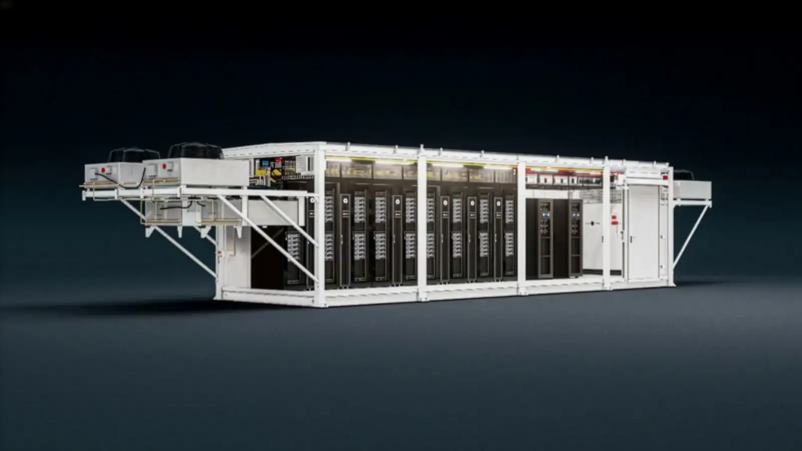 Modular data centre solution with integrated racks, cooling, power and monitoring systems in a containerized enclosure.