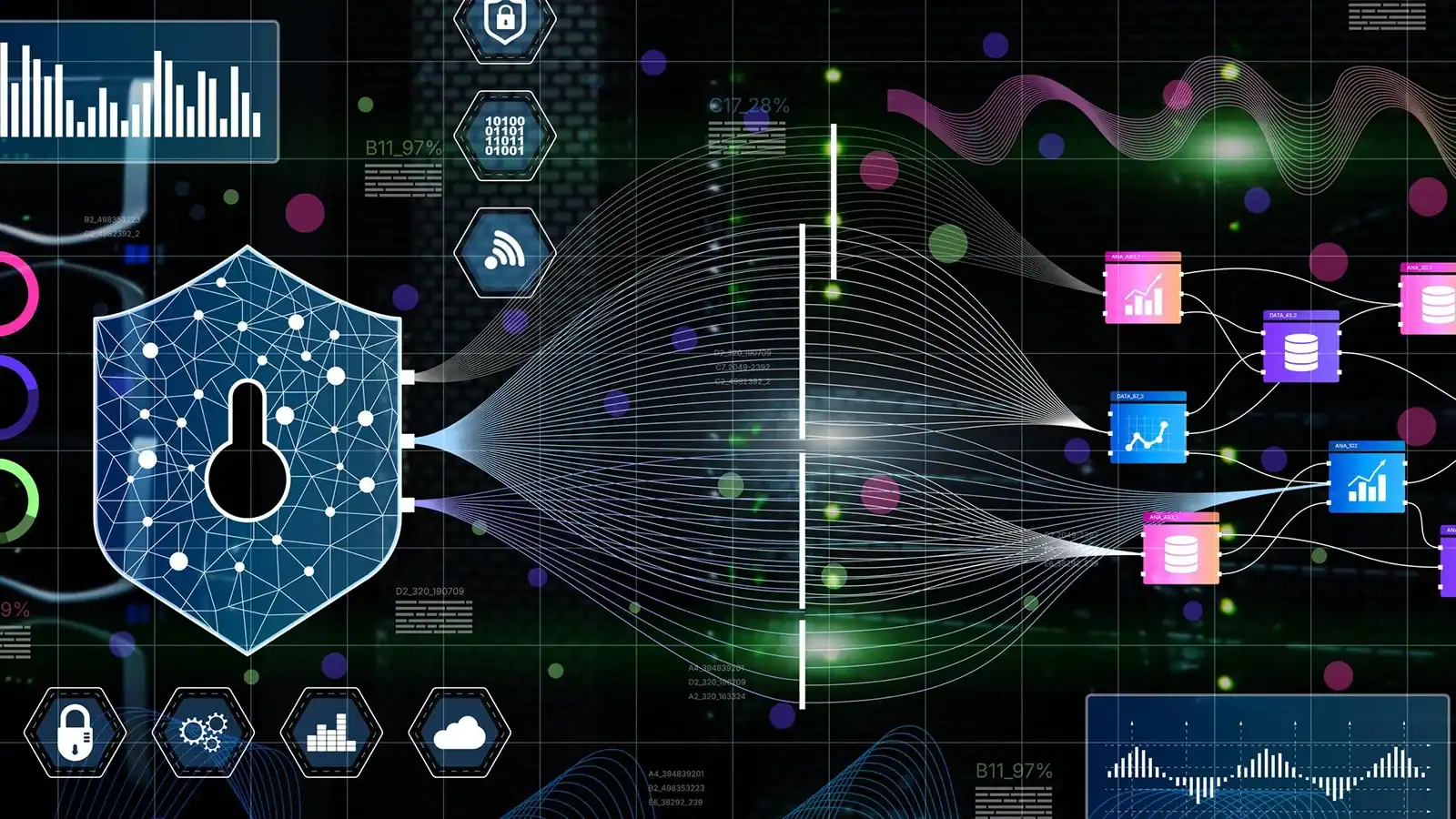 Network security visualization showing firewall protection, data flow and secure connectivity across enterprise networks.