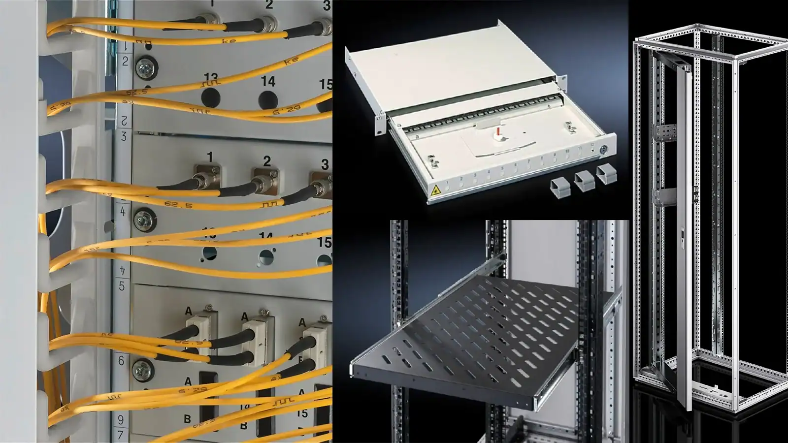 Rack accessories including fibre patch panel, cable tray, mounting shelf and structured cabling components for server racks.