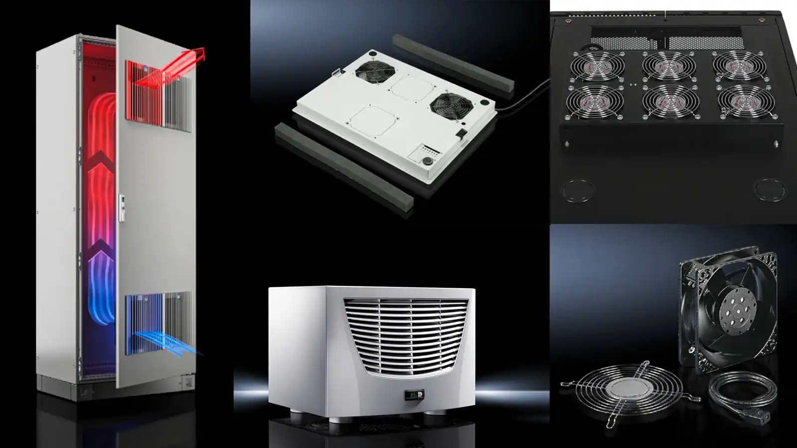 Rack cooling and airflow management components including fan trays, enclosure cooling units and ventilation systems for server racks.
