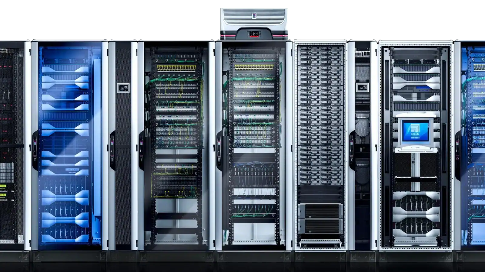 Populated server racks and cabinets with structured cabling and network equipment in a data centre environment.