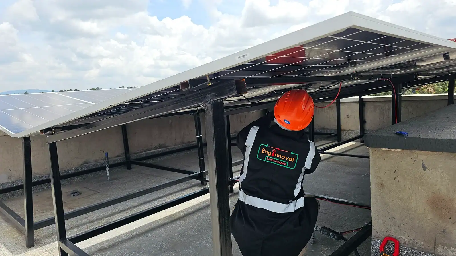 Solar panel installation for hybrid energy system integration with battery and inverter setup