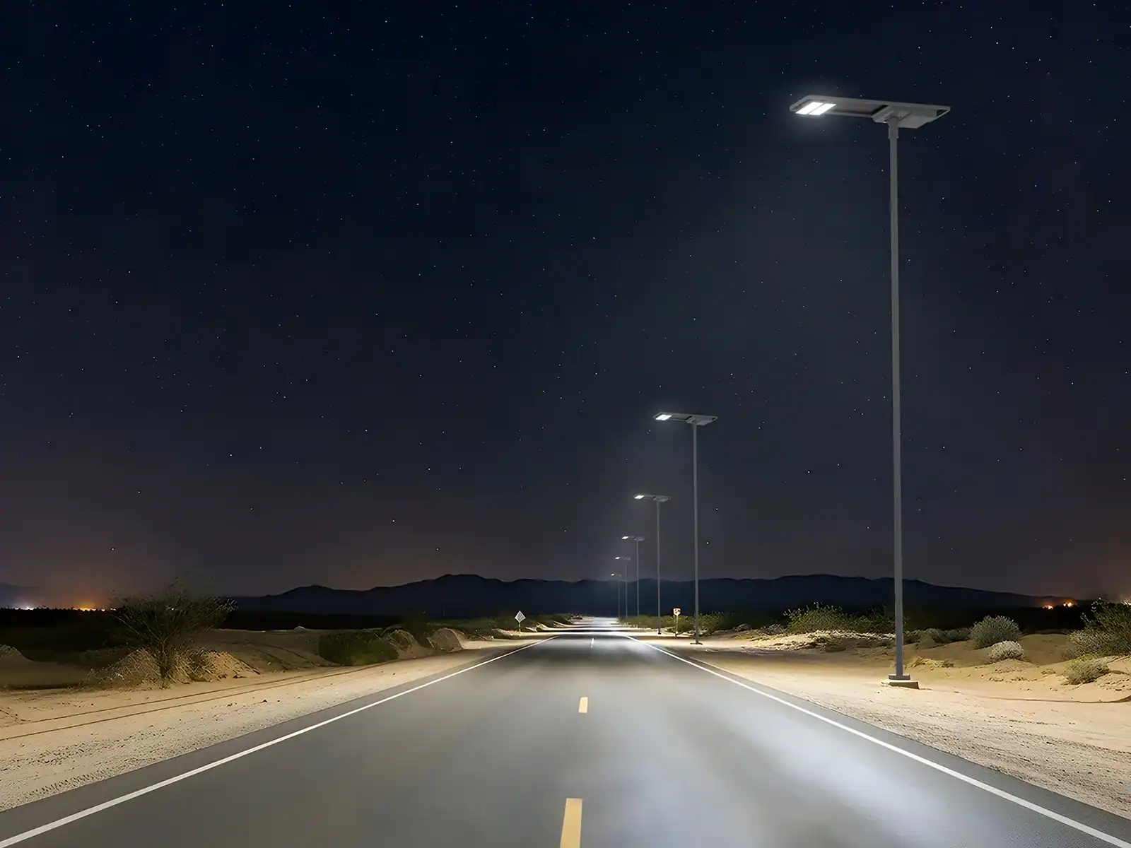 Solar-powered LED street lighting illuminating roadway at night using renewable energy.