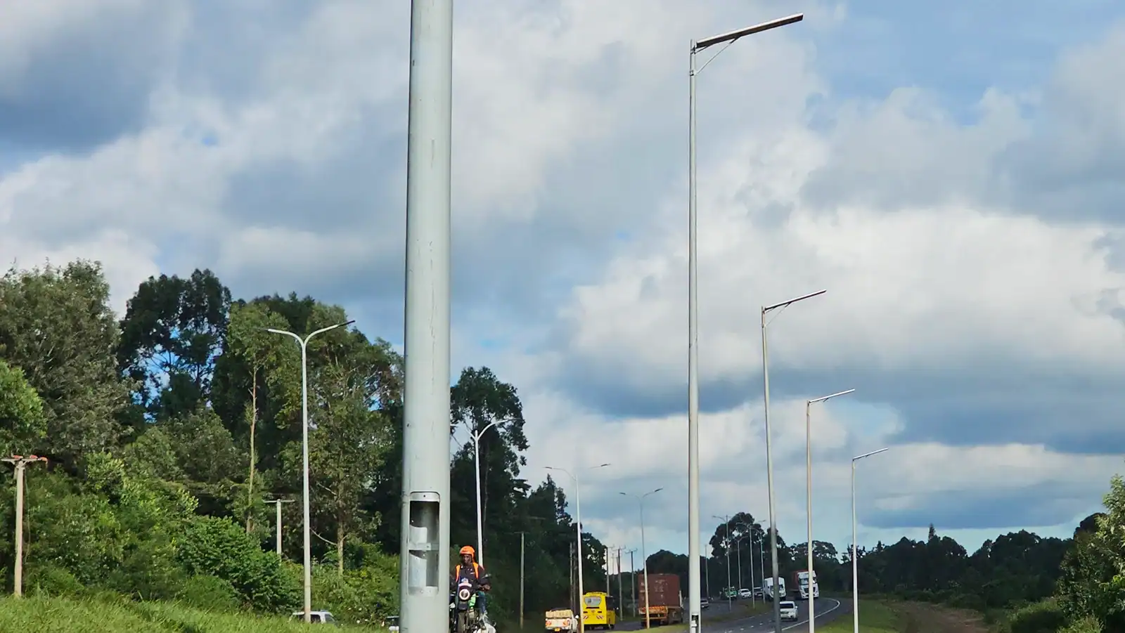 Smart solar street lighting network installed along roadway infrastructure with integrated LED lighting systems