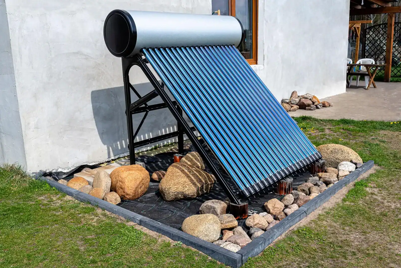 Evacuated tube solar water heating system installed for residential hot water supply