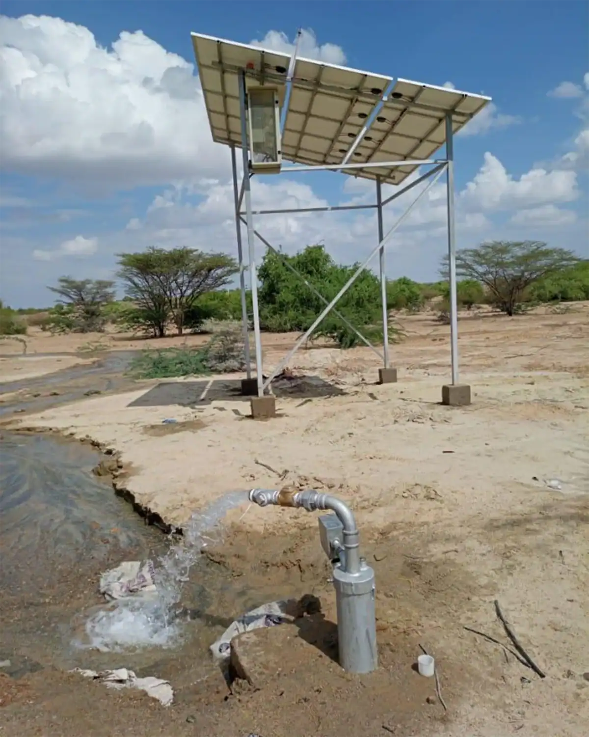 Submersible borehole pump delivering water from deep well for solar water pumping system.