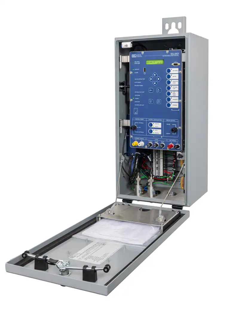 Voltage regulator control system used for automatic voltage regulation and tap changer control in electrical distribution networks.