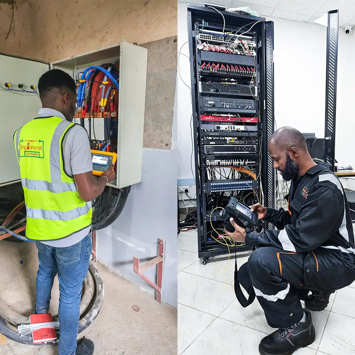 Enginnovat technicians performing power system testing and network rack maintenance in commercial ICT and electrical infrastructure environments.