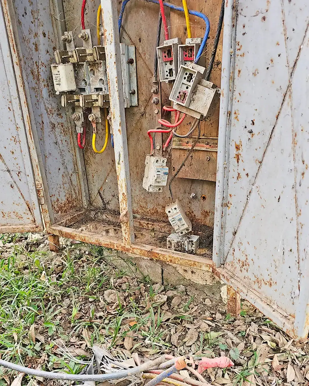 Severely rusted and oxidized cutout terminals causing high-resistance voltage drops.