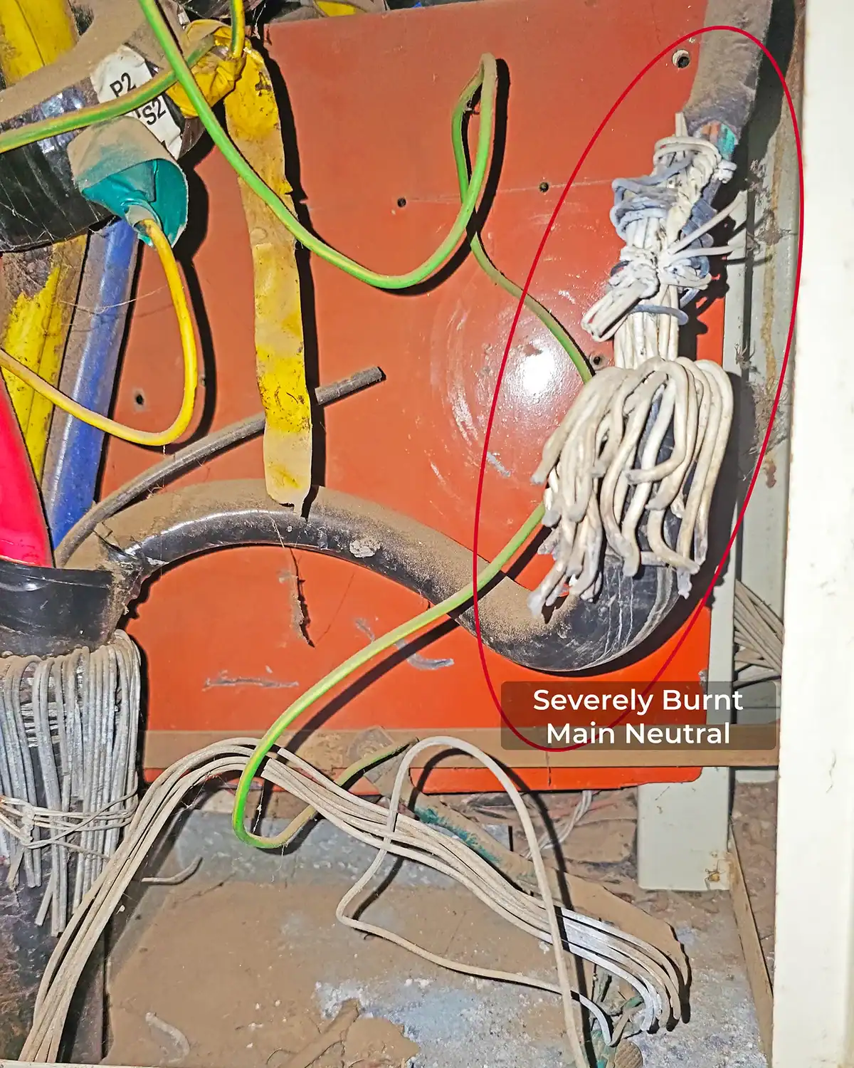 Evidence of a severely burnt main neutral termination discovered during a power quality audit, critical to resolving floating neutrals in 3-phase systems.